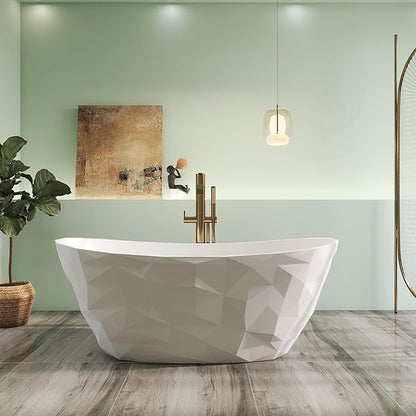 64" Premium Modern Solid Surface Free Standing Bathtubs, Unique Matte White Stone Resin Soaking Tub with Pop-up Drain