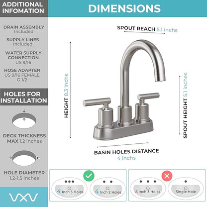 VXV Bathroom Sink Faucet 4 Inch 2 Handle Centerset Modern 360 Rotating Brushed Nickel Water Faucet with Pop-up Drain Stopper Assembly Supply Line Fits 2 Hole
