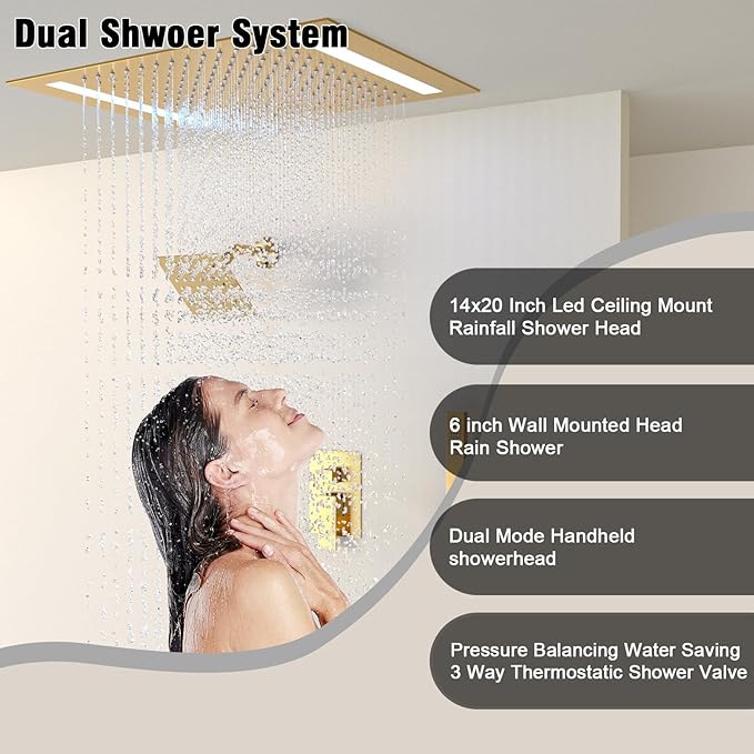 Rain Shower Head System with 14x20 Inch Ceiling Mount LED Head & 6 Inch Wall Head and Handheld Shower 3 Way Pressure Balance Valve Kit,Brushed Gold