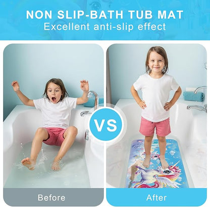 Upgrade Cartoon Baby Bath Mat Non Slip - 40"x16" Extra Long Bathtub Mat for Baby Eco Friendly Durable Bath Mat for Tub Non Slip Kids Tub Mat with Suction Cups, Machine Washable and No Fading, Unicorn