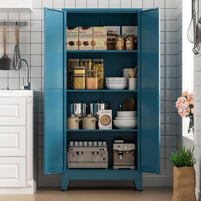 COFaR Home Farmhouse Storage Cabinet with 2 Barn Door, Tall Kitchen Pantry Cupboard with 3 Adjustable Shelves, for Dining Room, Bathroom, Living Room (Blue Green, 61" Farmhouse)