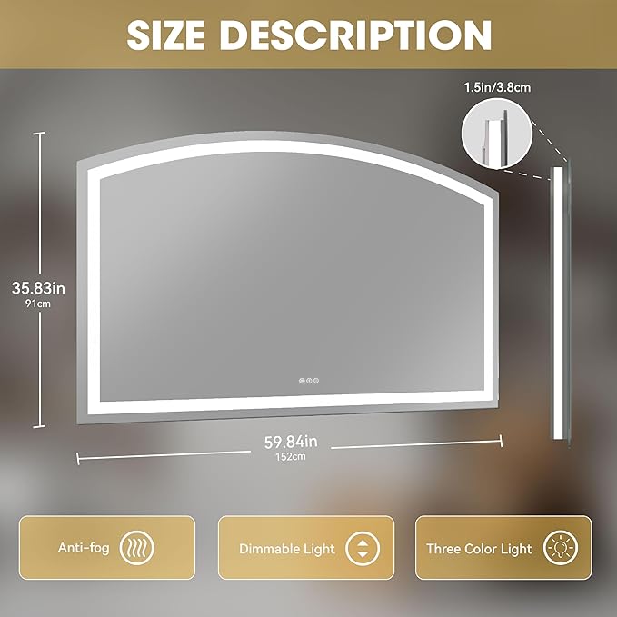 Hasipu 60“ x 36" Arch LED Bathroom Mirror, Frontlit Wall-Mounted Vanity Mirror with Lights, Defogging, Smart Touch, Dimmable 3 Color Modes, Safety Shatterproof Glass Coating