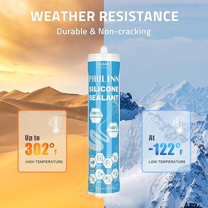 PAULINN Silicone Sealant, 100% Silicone Caulk Clear Waterproof for RV, Kitchen, Bath, General Use, Window, Door, Glass, Marine, 10.2 Oz, 1 Pack