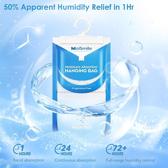 Moisture Absorbers 10 Pack Fragrance Free, Hanging Closet Dehumidifier Bags, Humidity Absorber, Compact Eliminates Odors Humidity Packs for Car, Bathroom, Bedroom, Basement, 9.8OZ
