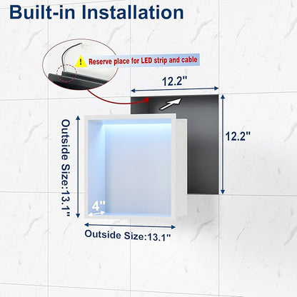 12X12 RGB Shower Niche, White Stainless Steel LED Recessed Storage, No Tile Needed Wall Niche for Bathroom Storage Built-in Installation