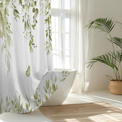 No Hook Shower Curtain and Liner Set, Beige Eucalyptus Floral Shower Curtains for Bathroom, Bath Curtain Sets with Snap in Liner, Waterproof with See Through Top Window, 71x74 Inches