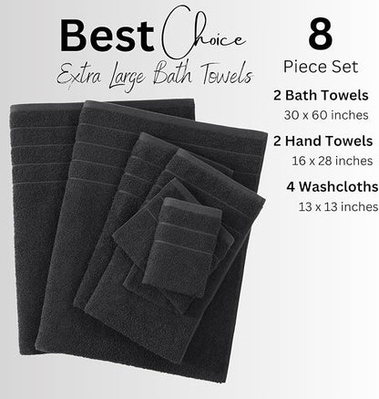 Casa Platino 100% Mercerized Cotton Luxury Bathroom Towels Set - 8 Piece - Ring Spun - 2 Bath, 4 Washcloths, 2 Hand Towels - Remains Soft & Absorbent Even After Multiple Washes - Midnight Black