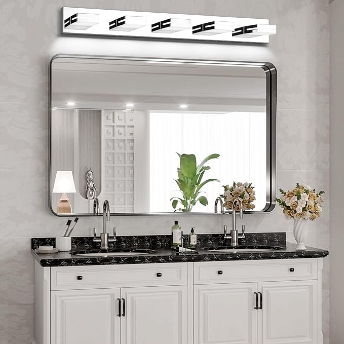 SineRise LED Modern Bathroom Vanity Light Fixtures (5-Light, 40-Inch), Chrome Modern Acrylic Bathroom Wall Lighting Fixtures Over Mirror (Cool White 6000K)