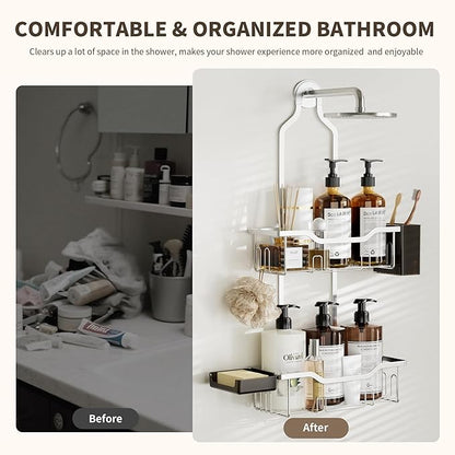 Shower Caddy Hanging 2-Tier Bathroom Organizer for Tall Showerhead with Soap Dish and Toothbrush Holder,Rustproof Over Shower Head Rack,Silver