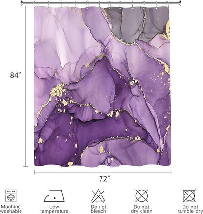 Extra Long Shower Curtain 72 x 84 Inch, Purple Tall Abstract Marble Shower Curtains for Bathroom, Modern Luxury Art Decor Ink Texture Fabric Shower Curtain Set with Hooks