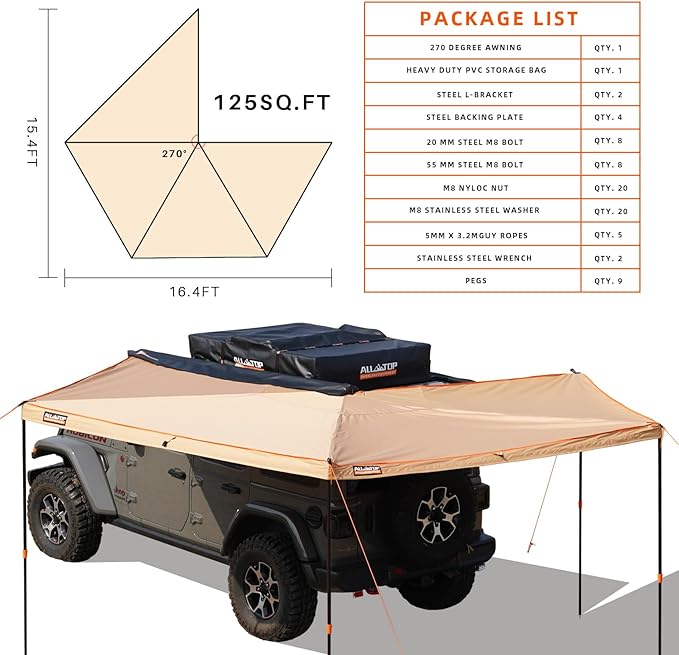ALL-TOP Vehicle Awning 270 Degree 8.2' Rooftop Pull-Out Retractable 4x4 Weather-Proof UV50+ Side Awning for SUV/Truck/Van
