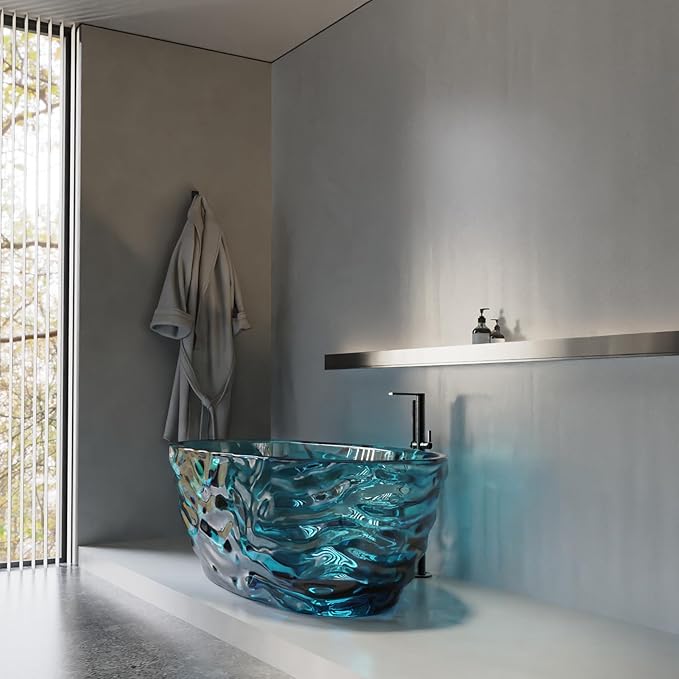 Cpingao 66" Resin Transparent Freestanding Bathtub, Contemporary Oval Stand Alone Tubs, Translucent Resin Freestanding Bath 1670 MM with Drain Lake Blue 8851-1700-BLUE