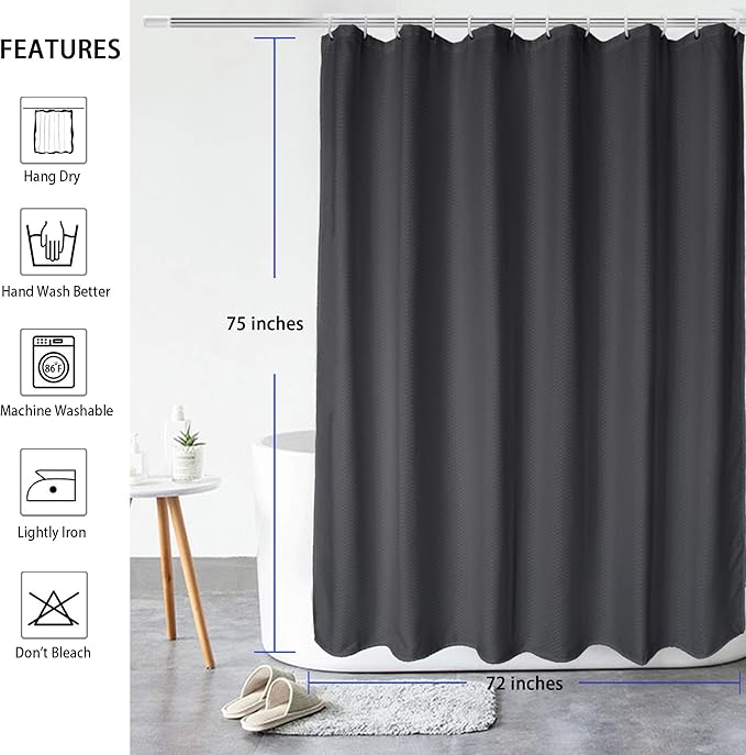 AooHome 72x75 Inch Waffle Weave Shower Curtain, Dark Grey Fabric Durable Bathroom Curtain with Hooks, Weighted Hem, Heavy Duty, Water Repellent