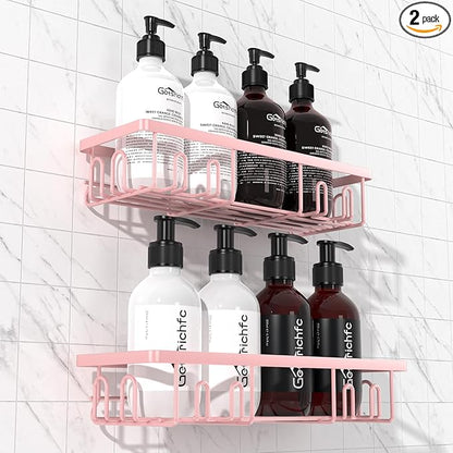2025 New Adhesive Shower Caddy, Shower Shelves with 16 Hooks, Pink 2 Pack