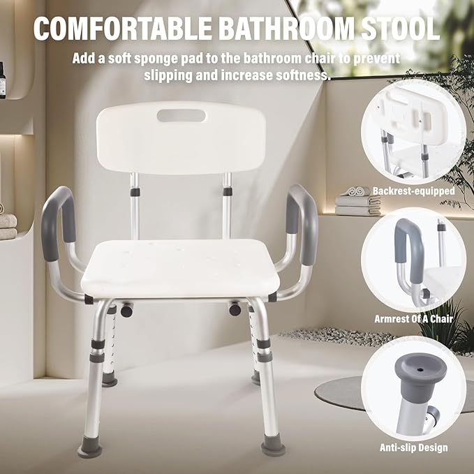 FSA/HSA,500 lbs Heavy Duty Shower Seat for SeniorsShower Chair for Inside Shower with Arms and Back, Height Adjustable Shower Chair for Elderly and Disabled with Enhanced Non-Slip Feet