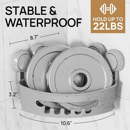 LEVERLOC Corner Shower Caddy Suction Cup, Shower Caddy Basket Powerful Suction Bathroom, Waterproof & Rustproof Organizer for Bathroom Storage, No-Drilling Removable (Grey)