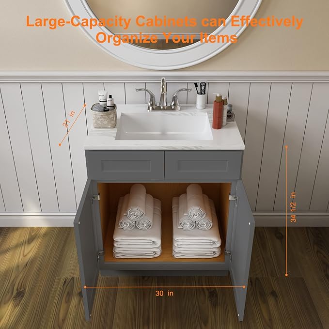 ROOMTEC Bathroom Cabinet, 30'' Free Standing Single Bathroom Vanity with 2 False Drawers and 2 Doors,Morden Bathroom Sink Vanity Storage Cabinet, Shaker Gray
