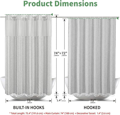 Grey Farmhouse No Hook Shower Curtain Set with Snap-in Fabric Liner,Boho Heavy-Duty Linen Textured Rustic Striped Design,Water-Repellent with Tassels and Sheer Window,Gray,71x74