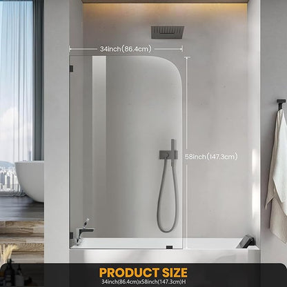 Bathtub Shower Glass Door 34 * 58 Inch, Bathroom Frameless Fixed Shower Door with 3PCS Clamps, 1/4"(6MM) Thick Clear Tempered Glass Door with Round Corner, Matte Black
