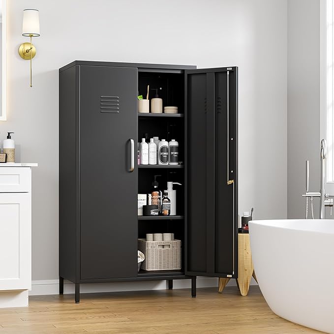 Narrow Storage Cabinet 51.18" H Bathroom Cabinet Metal Pantry Cabinets, 3 Adjustable Shelves for Kitchen, Home Office, Living Room, Dinning Room (30 inches Wide Black)
