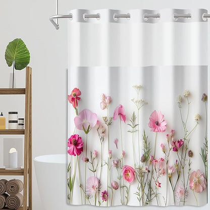 No Hook Shower Curtain Set with Snap in Fabric Liner for Bathroom,with See Through Top Window,Double Shower Curtain with Detachable Liner Replacement,Machine Washable,Pink Flower,71"x 74"