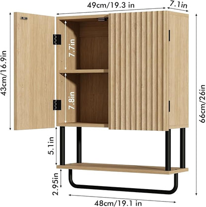 RUSTOWN Fluted Bathroom Wall Cabinet with 2 Doors, 3-Tier Modern Farmhouse Medicine Cabinet, Over The Toilet Storage Cabinet with Adjustable Shelf and Towel Bar (Natural, Medium)