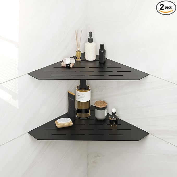 FerdY 2-Pack 10" Matte Black Recessed Corner Shower Shelf, for Tiled Bathroom Walls, 304 Stainless Steel Floating Shelf, Shower Caddy Storage Shelves, No Drilling Required, Striped Diamond