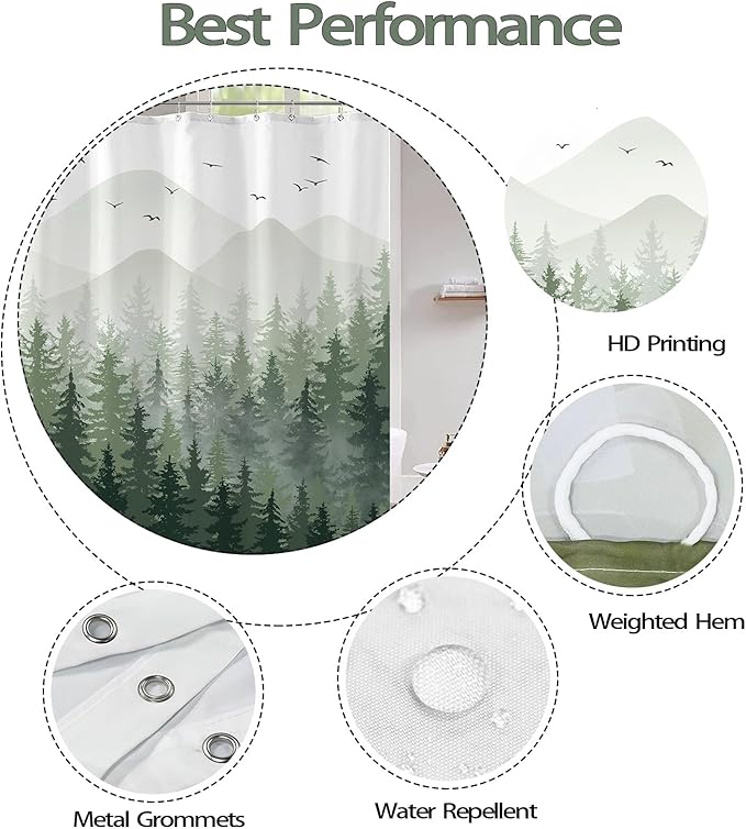 Aipon Green Misty Forest Shower Curtain Ombre Nature Tree Plants Shower Curtains Fabric Waterproof Mountain Shower Curtain Sets for Bathroom Bath Decor with 12 Hooks (Green, 72'' × 78'')