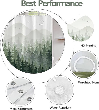 Aipon Green Misty Forest Shower Curtain Ombre Nature Tree Plants Shower Curtains Fabric Waterproof Mountain Shower Curtain Sets for Bathroom Bath Decor with 12 Hooks (Green, 72'' × 72'')