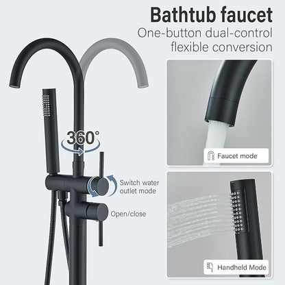 Freestanding Bathtub Faucet Matte Black Floor Mounted Tub Filler with Hand Shower 360 Degree Swivel Standing Spout Brass High Flow Mixer Taps