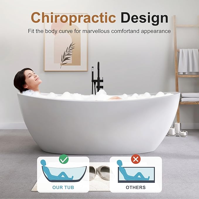 SJ STAR&JANE 73" Solid Surface Freestanding Bathtub Stone Resin Tub Oval Double Slippers Stand Alone Soaking Tub with Pop-up Drain and Overflow, Matte White