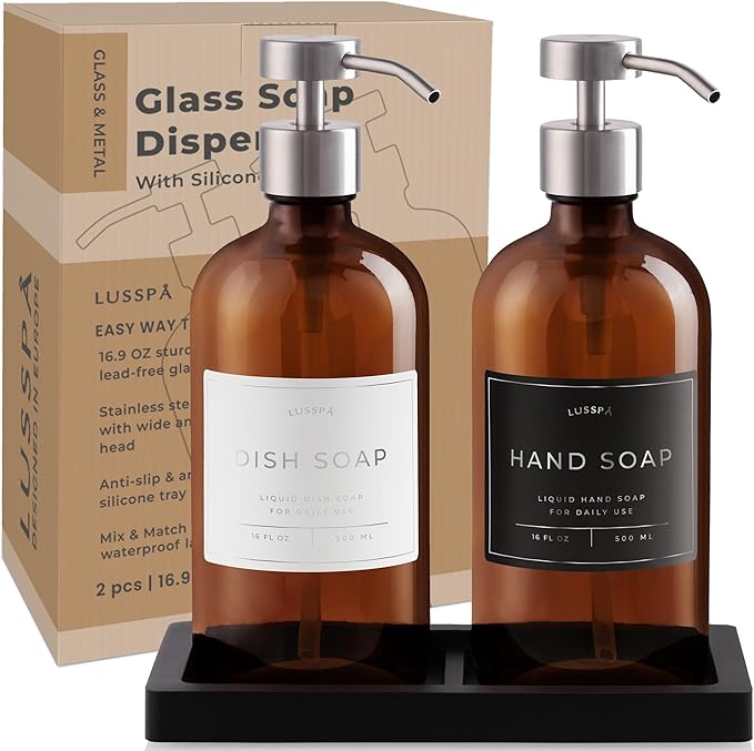 Lotion, Hand & Dish Soap Dispenser for Kitchen Sink - Bathroom Soap Dispenser Set of 2 16.8 Oz Glass Bottles with Stainless Steel Pump, 15 Water Proof Labels & Silicon Tray (Amber/Silver)
