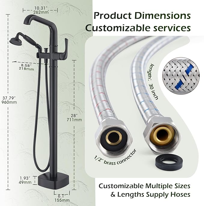 Luxury Free Standing Tub Faucet, Classic Brass Freestanding Bathtub Faucet, Lexdale Bathroom Floor Mount Tub Filler with handheld Sprayer Supply Lines Included Matte Black (LD8911-BK)