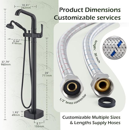 Luxury Free Standing Tub Faucet, Classic Brass Freestanding Bathtub Faucet, Lexdale Bathroom Floor Mount Tub Filler with handheld Sprayer Supply Lines Included Matte Black (LD8911-BK)