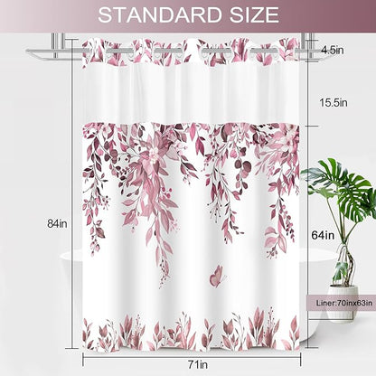 No Hook Shower Curtain and Liner Set, Dark Red Eucalyptus Floral Shower Curtains for Bathroom, Bath Curtain Sets with Snap in Liner, Waterproof with See Through Top Window, 71x84 Inches