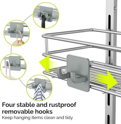 Orimade Shower Caddy Adjustable Height 4 Tier Silver,Bathroom Hanging Over the Door Organizer Shelf Rustproof with 4 Hooks,Shower Basket with Soap Holder and Suction Cup