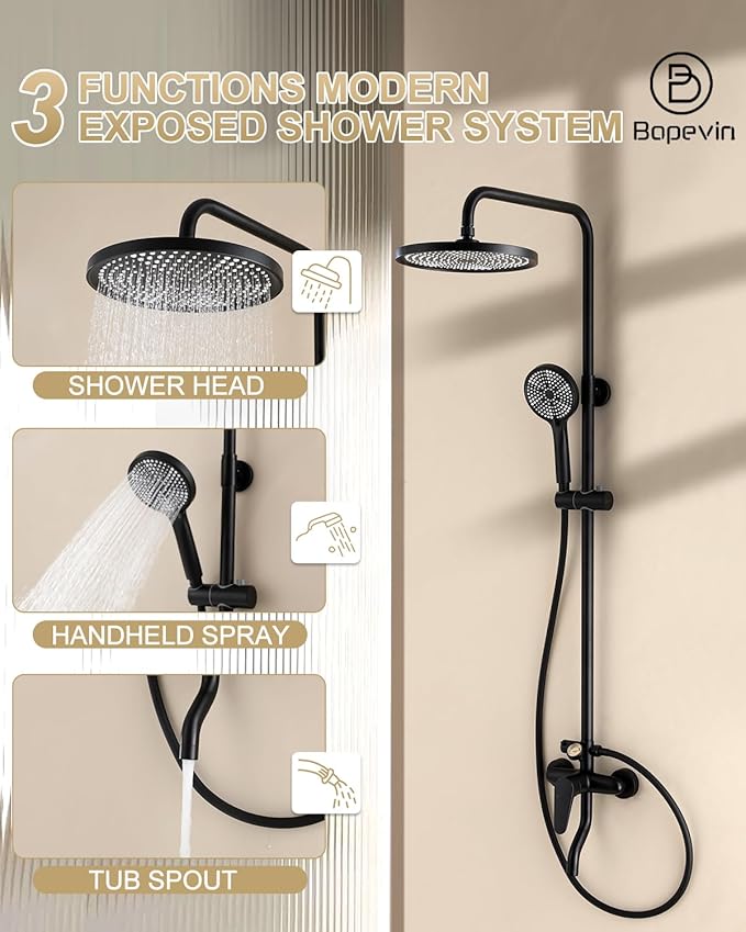 Outdoor Shower, 3 Functions Outdoor Shower Fixture SUS304 Stainless Steel Rain Shower Kit Faucet High Pressure Wall Mount 10 Inch Showerhead and Handheld Spray Combo,Single Handle, Matte Black