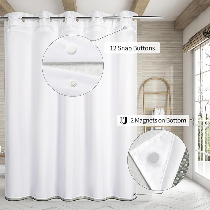 MitoVilla No Hooks Needed Extra Long Shower Curtain Liner Set, 86 inch XL Emerald Green Ombre Heavyweight Waffle Fabric Cloth Shower Curtains with Snap-in Liner for Modern Luxury Hotel & Spa Bathroom