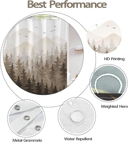 Aipon Brown Misty Forest Shower Curtain Ombre Nature Tree Plants Shower Curtains Fabric Waterproof Mountain Shower Curtain Sets for Bathroom Bath Decor with 12 Hooks (Brown, 72'' × 84'')