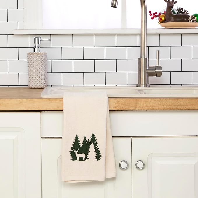 SKL Home Christmas/Winter Deer Spruce 100% Cotton Embroidered 2pc Hand Towel Set, Decorative for Bath/Kitchen/Bar, Natural