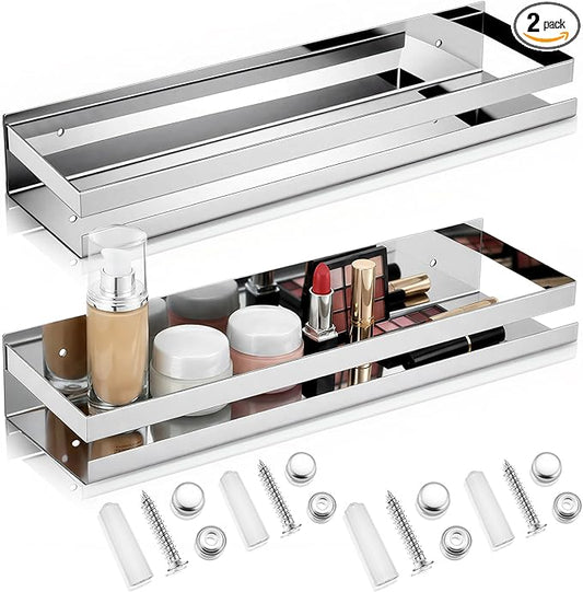 Lallisa 2 Pieces Stainless Steel Shelf Bathroom Shower Floating Shelves Wall Mounted Shower Caddy Basket Shelf Storage Organizer Shelves for Bathroom, Kitchen, Living Room (15.75 Inch/ 40 cm,Shiny)