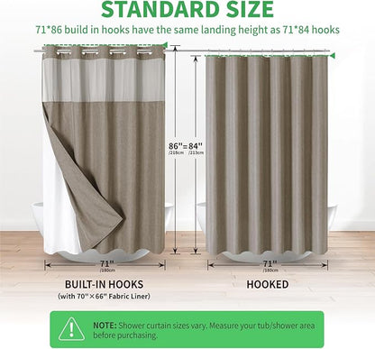 Extra Long No Hooks Needed Linen Textured Shower Curtain with Snap-in Fabric Liner Set,Hotel Luxury Decor Shower Curtains for Bathroom,Waterproof & Washable,71Wx86H,Khaki/Tan
