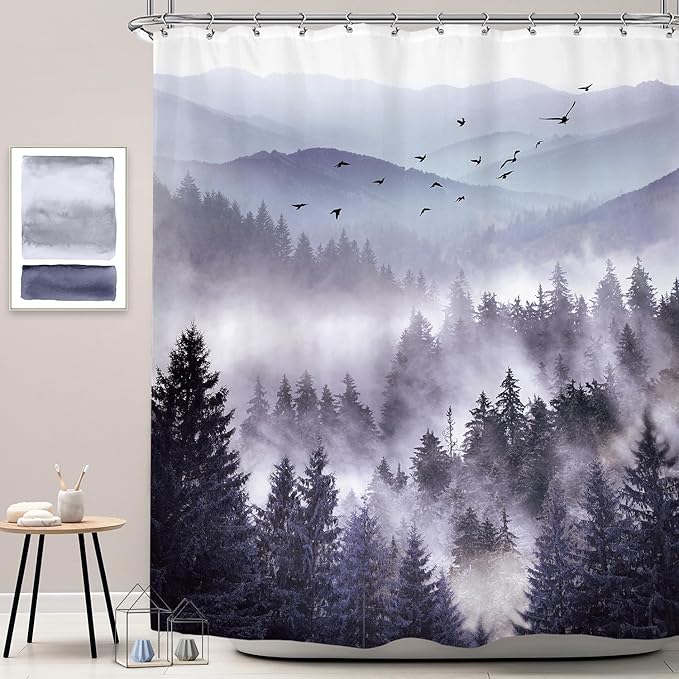 Riyidecor Purple Shower Curtain，Mountain Shower Curtains for Bathroom Nature Woodland Scenery Landscape Rustic Pine Tree View for Mens Natural Fabric Polyester Waterproof 12 Pack Hooks 60Wx72H Inch