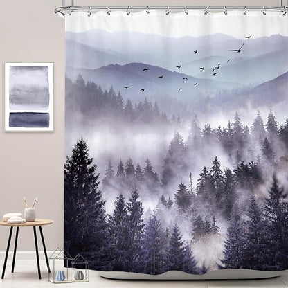 Riyidecor Purple Shower Curtain，Mountain Shower Curtains for Bathroom Nature Woodland Scenery Landscape Rustic Pine Tree View for Mens Natural Fabric Polyester Waterproof 12 Pack Hooks 60Wx72H Inch