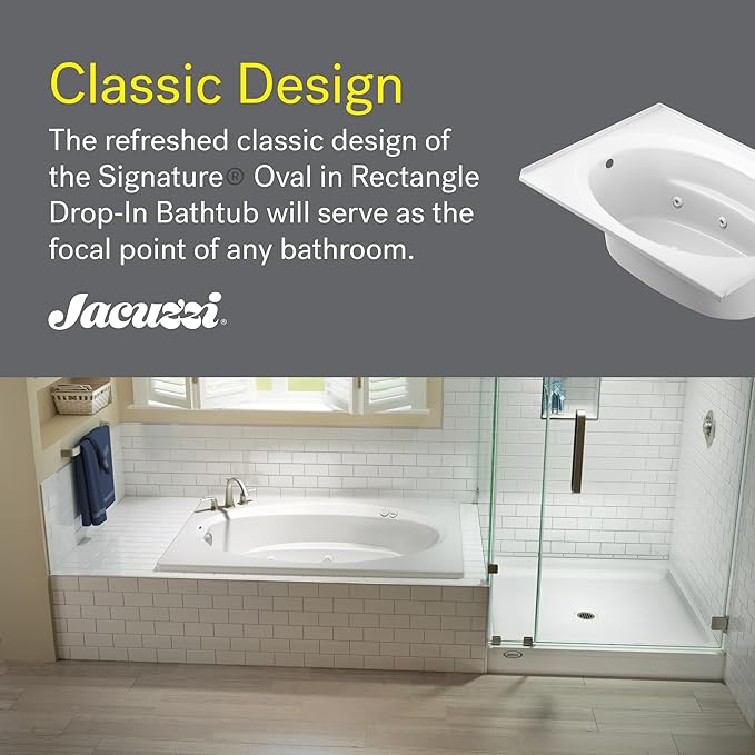 Jacuzzi SIGNATURE Acrylic Drop-In Bathtub, Heated Jet Massage Tub, Slip Resistant, Right Drain Placement, 72" (L) x 42" (W), Oval In Rectangle, Oyster