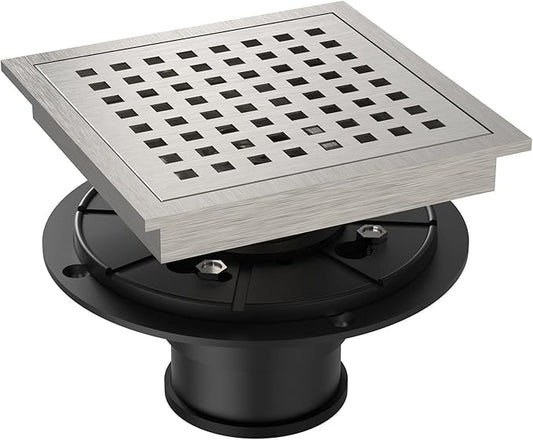 6 Inch Square Shower Floor Drain, Brushed Nickel High Flow Shower Drain Kit with Flange with Hair Filter, Removable Grate Cover, Stainless Steel, Abs Fixing Tray, CUPC Certified(Brushed Nickel)