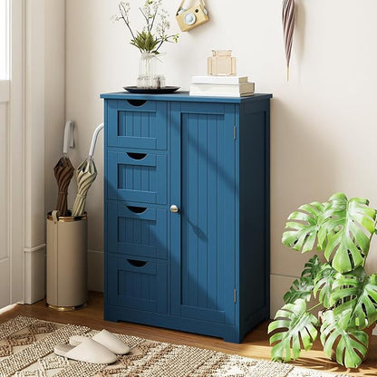 Tangkula Bathroom Floor Cabinet, Freestanding Storage Cabinet with 4 Drawers & Single Door, Adjustable Shelf, Multipurpose Bathroom Storage for Home Office, 21.5 x 12 x 32.5 Inches (Blue)