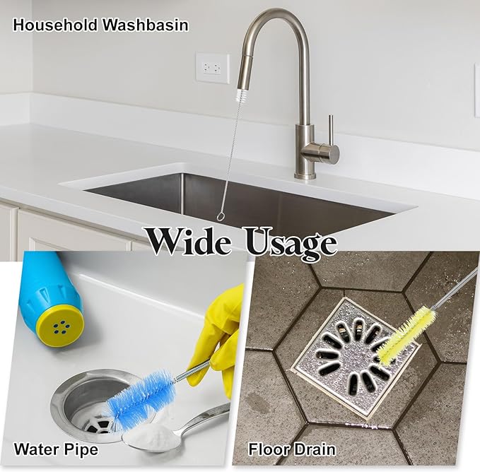 HARFINGTON 3pcs Flexible Long Drain Brush Straw Cleaner Set 61.02" Stainless Steel Double Ended Hose Brush with 8" Nylon Long Tube Pipe Cleaning for Fish Tank Sink Pipe, Blue