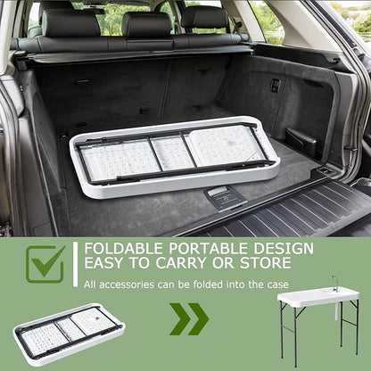 Folding Fish Cleaning Table with Sink, Portable Camping Sink Table with Measure Mark, Drainage Hose and Knife Groove, Outdoor Fish Fillet Cleaning Station for Picnic Fishing, White