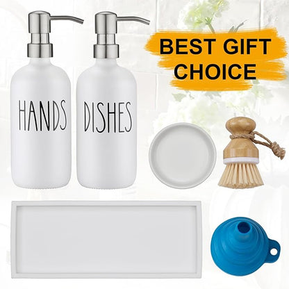 Glass Soap Dispenser for Kitchen,Farmhouse Kitchen Dish Hand Soap Dispenser Set,Rustproof Pump Soap Lotion Dispenser Set with Tray and Dish Brush,Kitchen Decor White-Silver Pump
